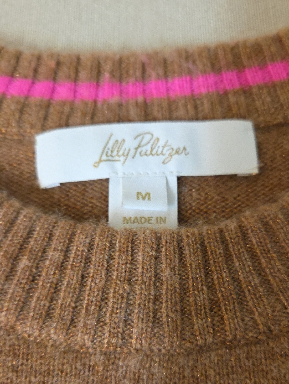 Lilly Pulitzer Charlisa Cashmere Brown Sweater with Pink Cuffs Medium - Picture 7 of 9